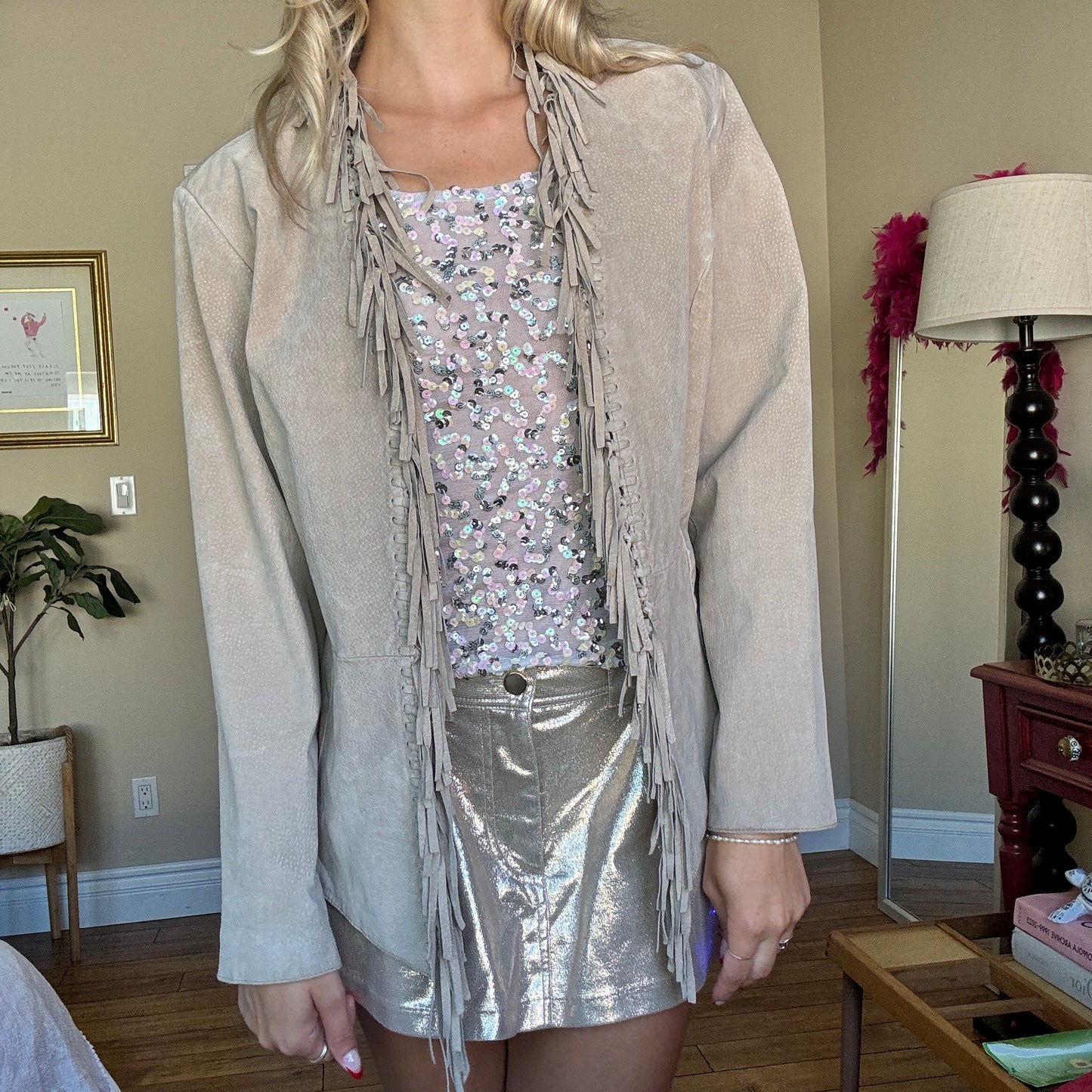 Taupe Suede Fringe Neck Jacket