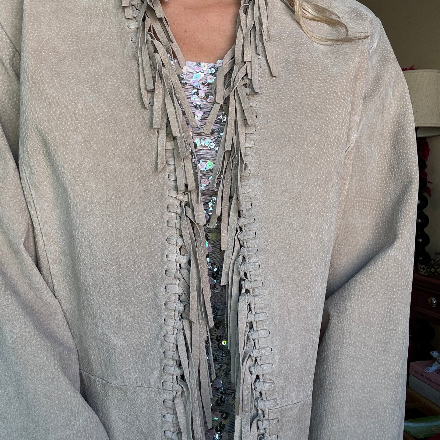 Taupe Suede Fringe Neck Jacket