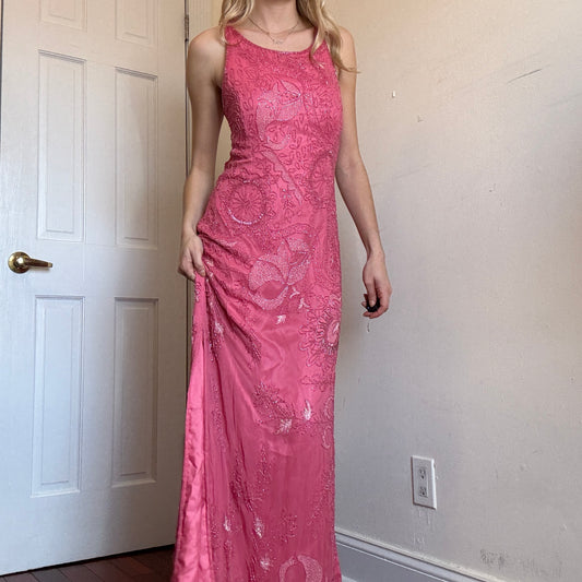 Papell Pink Silk Beaded Backless Gown Size 10