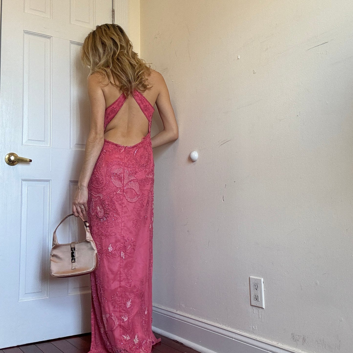 Papell Pink Silk Beaded Backless Gown Size 10