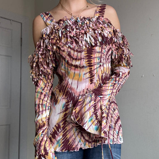 Printed Fringe Pleated Top