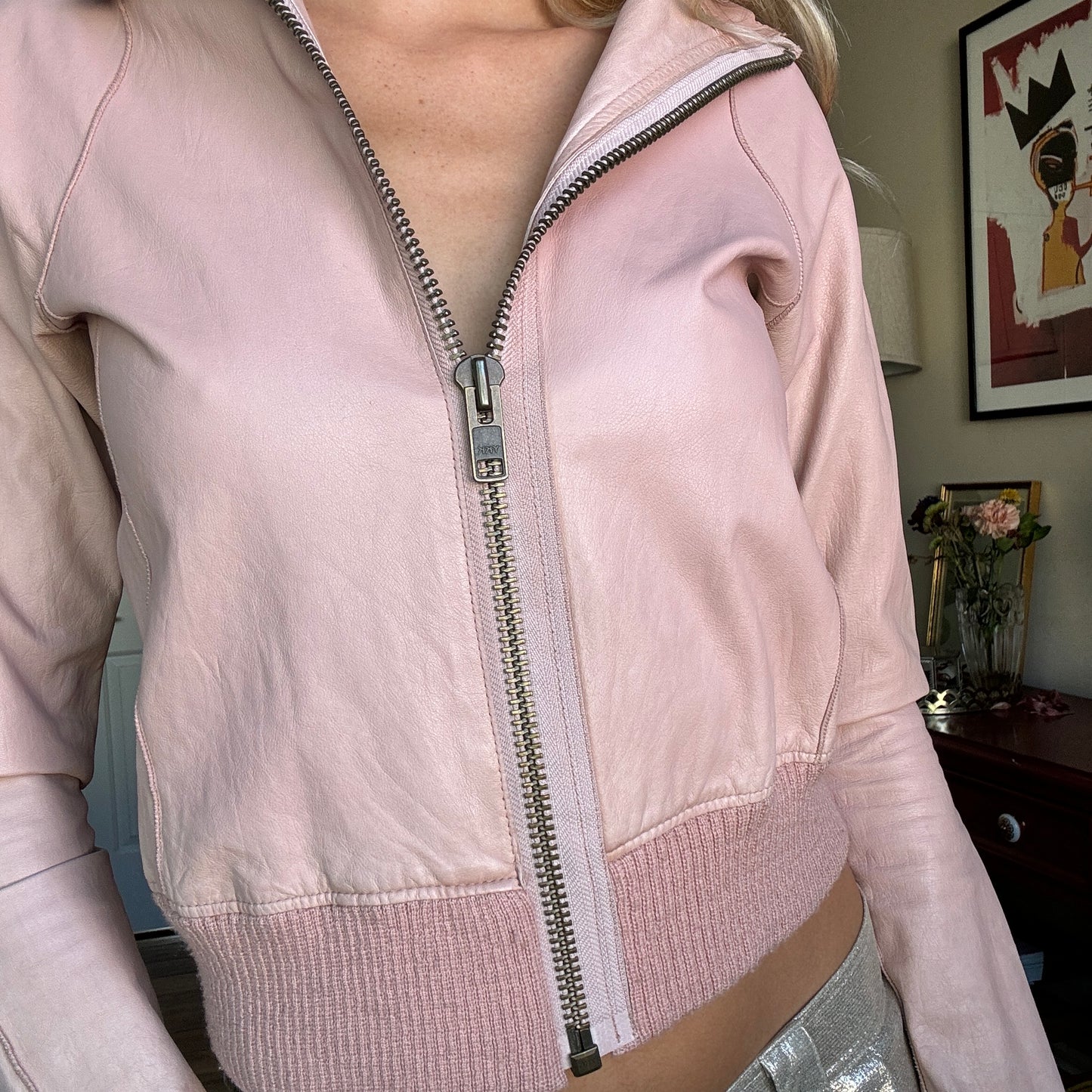 Pink Leather Bomber Jacket