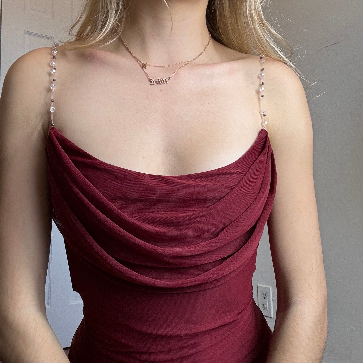 Burgundy Cowl Neck Beaded Gown