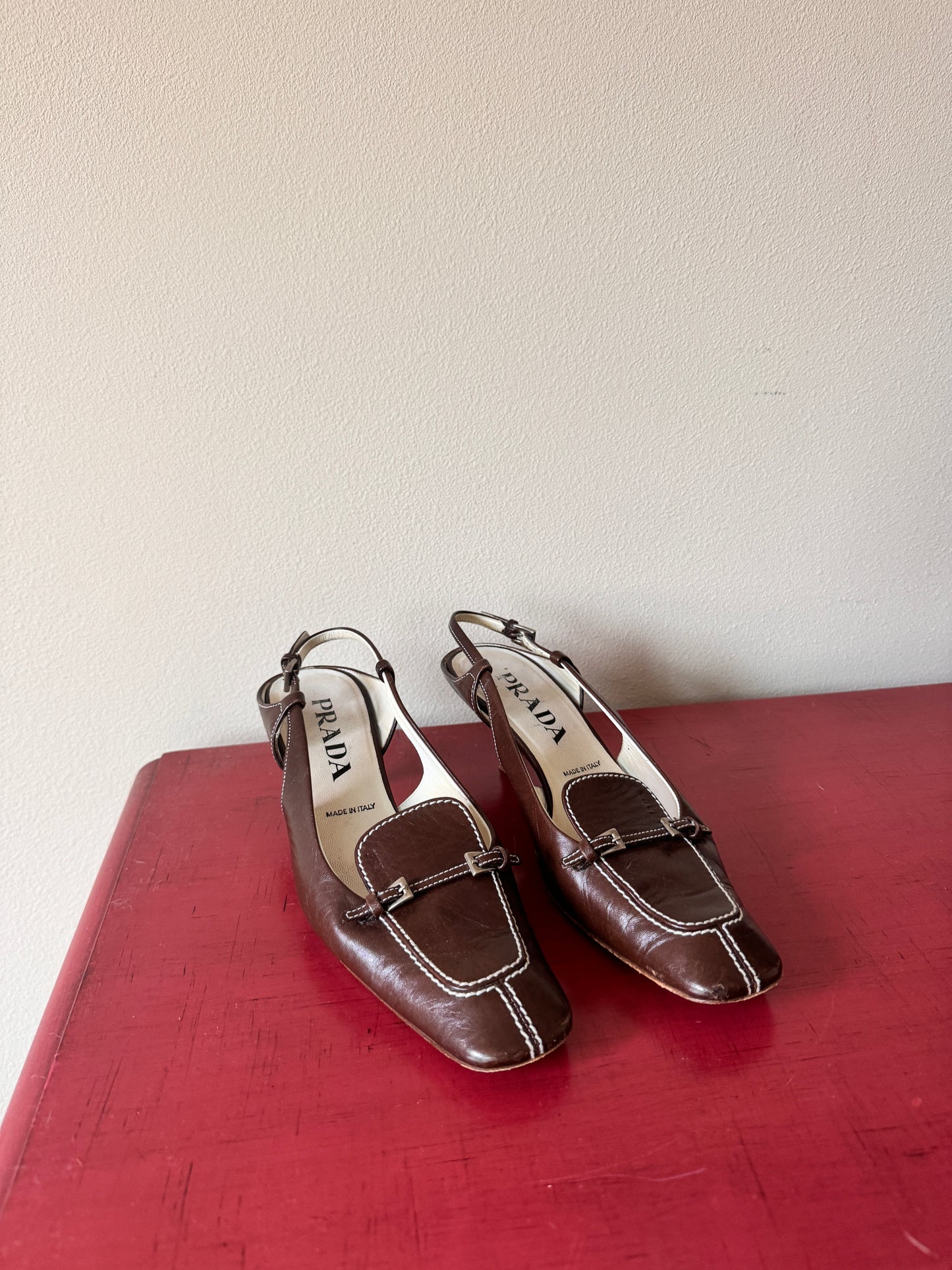 Prada Brown Buckle Kitten Heels, 35.5