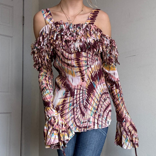 Printed Fringe Pleated Top