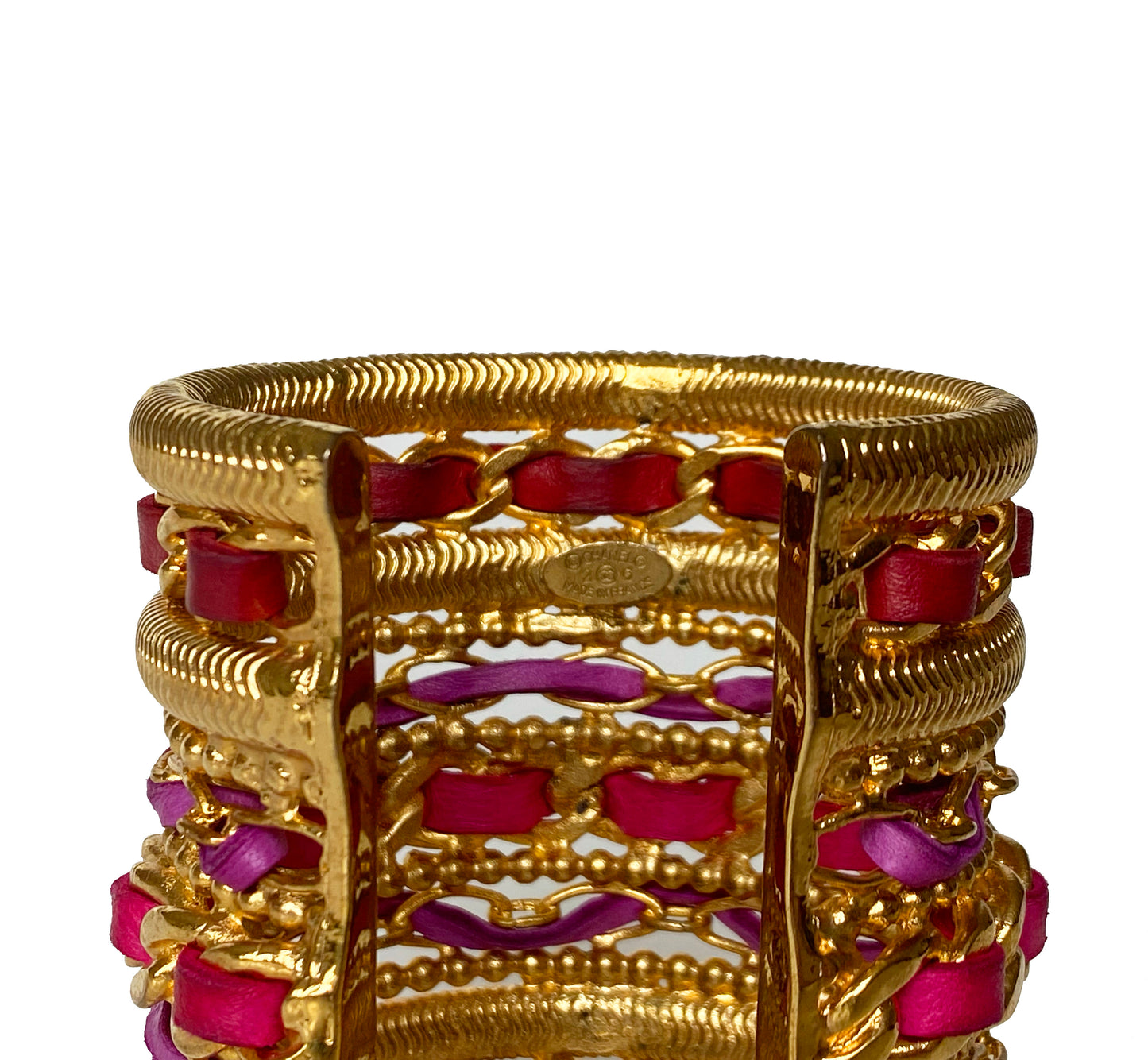 Chanel Pink Leather Gold Cuff